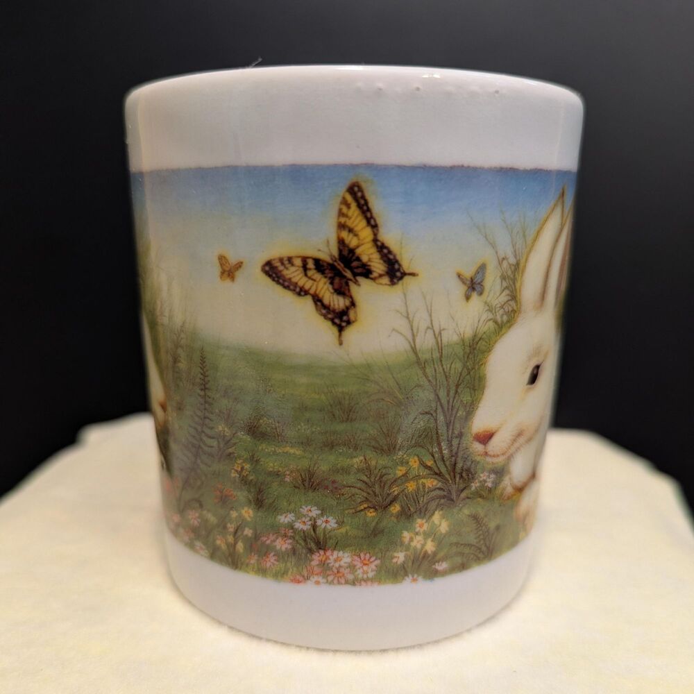 Rare Vintage Pozzani - Brazil 8oz Bunny Mug - Easter Butterfly Rabbit Coffee Cup - Picture 4 of 16